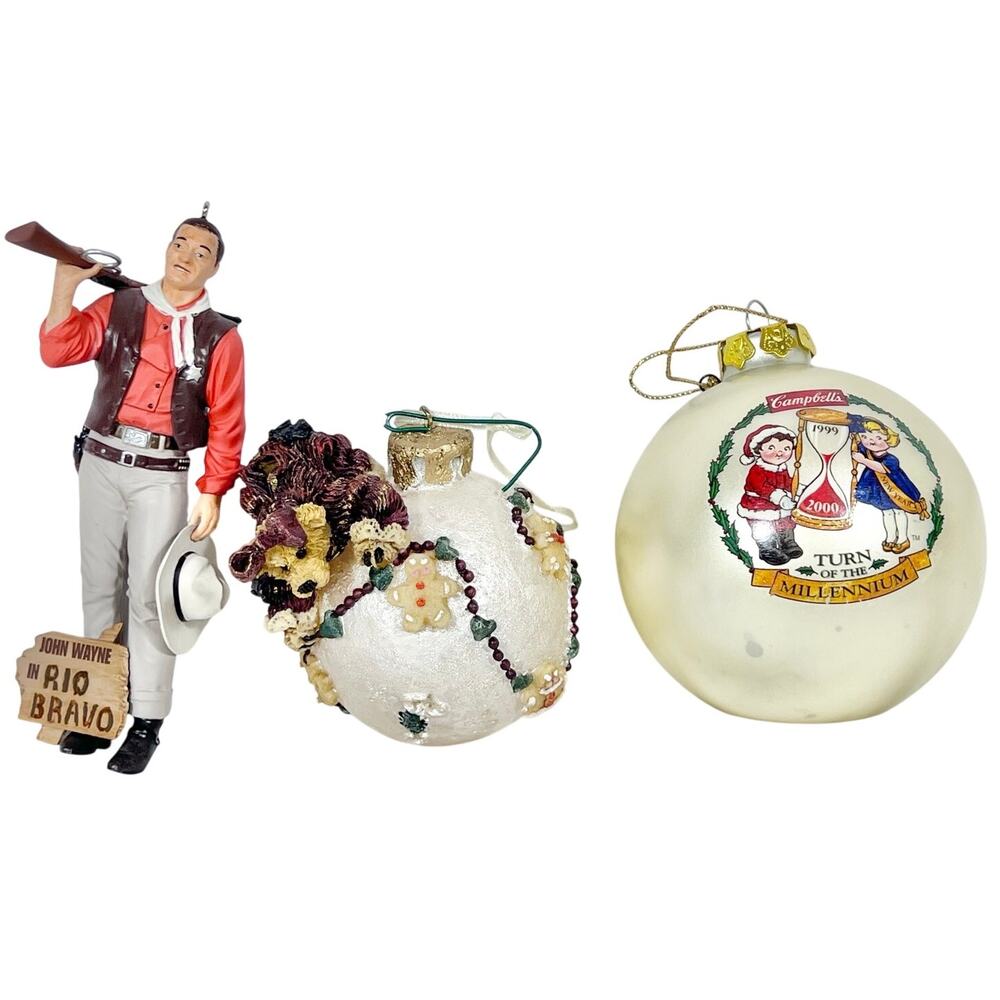 Christmas Ornaments Lot 3 John Wayne, Bear with Gingerbread Man, Campbell Soup - Picture 2 of 11